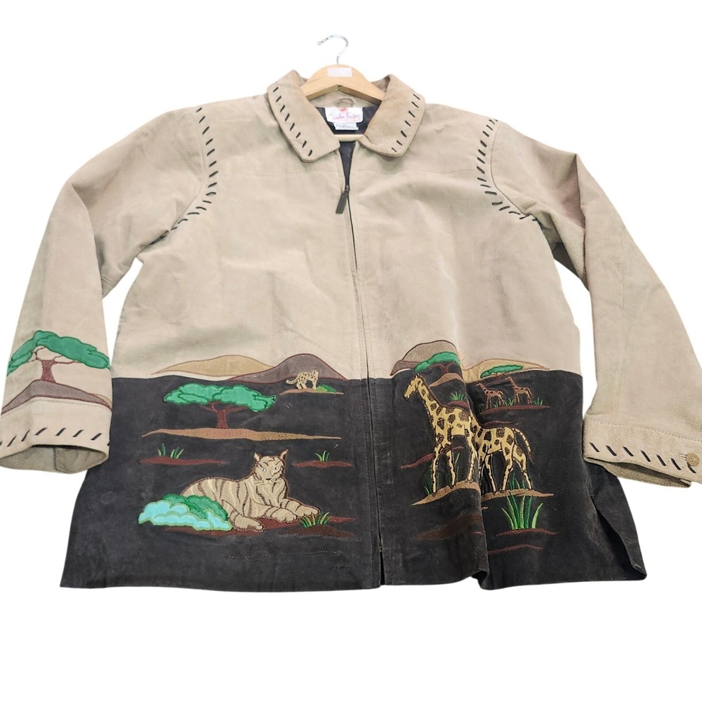 Quacker Factory Safari Suede Leather Jacket XL Embroidered Giraffe Tiger